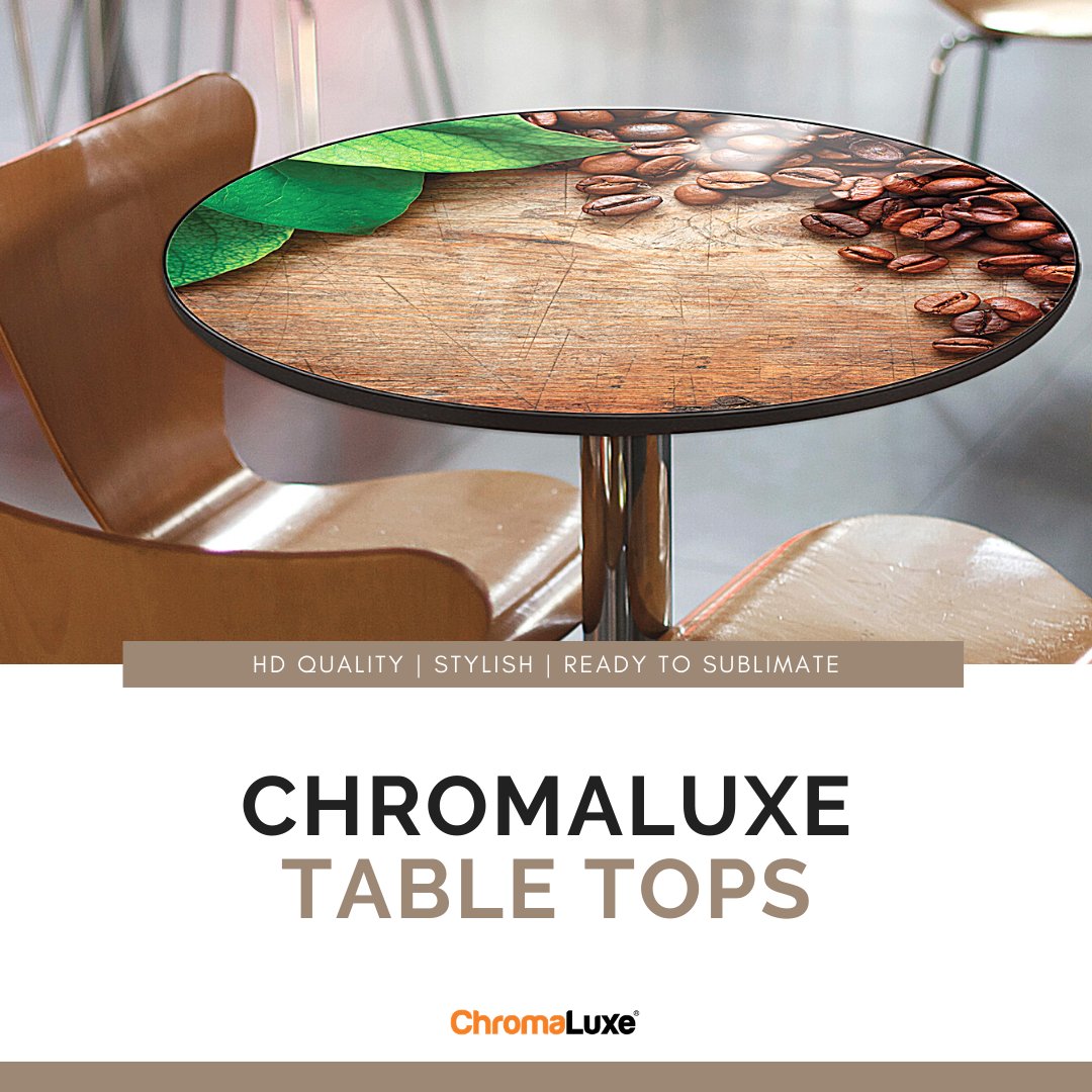 Can you turn a typical table into a true work of art? If you print stunning images, patterns or designs on to these specifically coated table tops, you will indeed turn a table into a piece of art! #chromaluxe #horeca#interiordesign #sublimationprinting #furniture #printmedia
