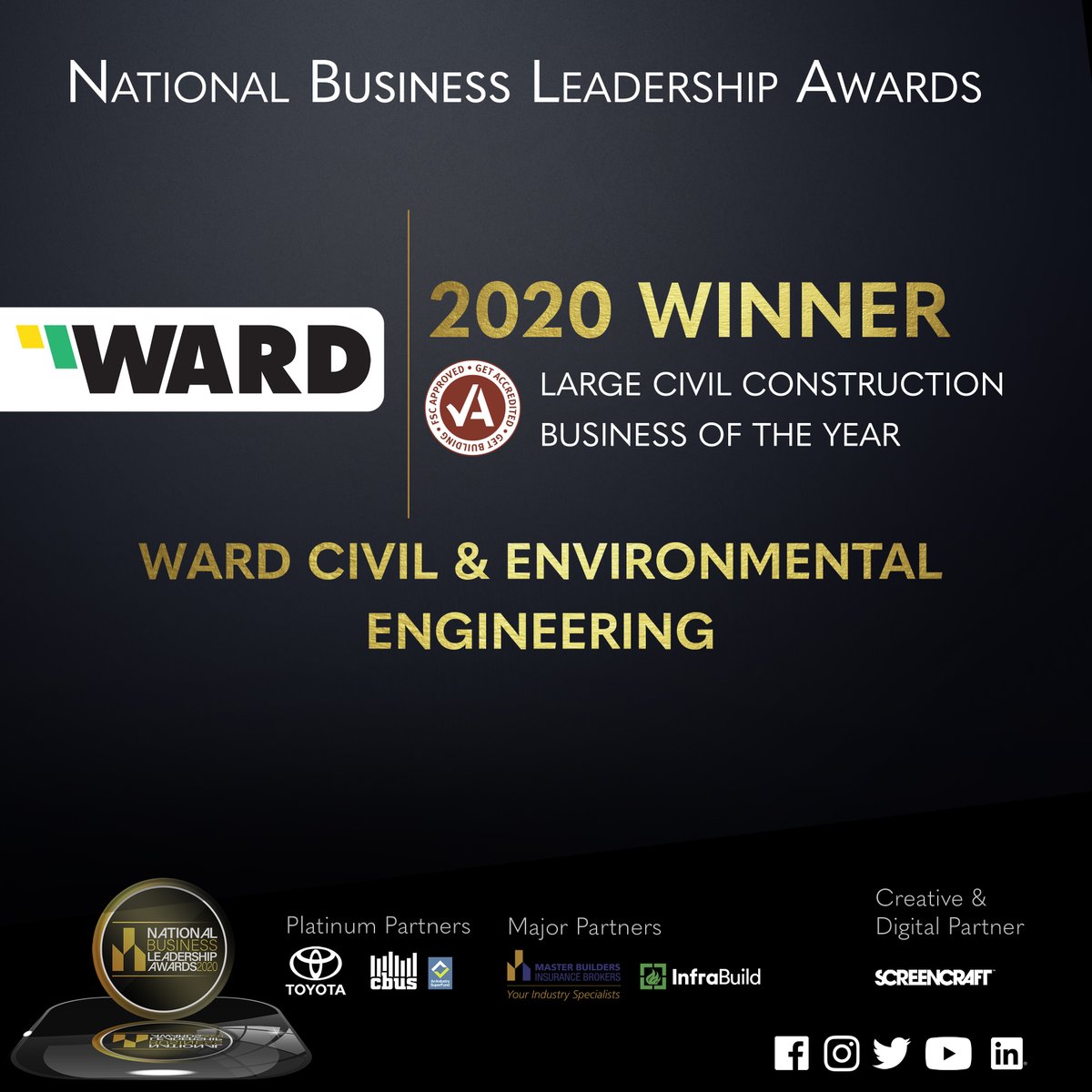 MBA_Aust's tweet photo. Congratulations to @NSWMBA member Ward Civil &amp; Environmental Engineering, winner in the @OFSCau
Large Civil Construction Business of the Year category, in the @MBA_Aust 2020 Business Leadership Award. #masterbuildersawards #nationalbusinessawards #masterbuilders https://t.co/vX777EXFnD