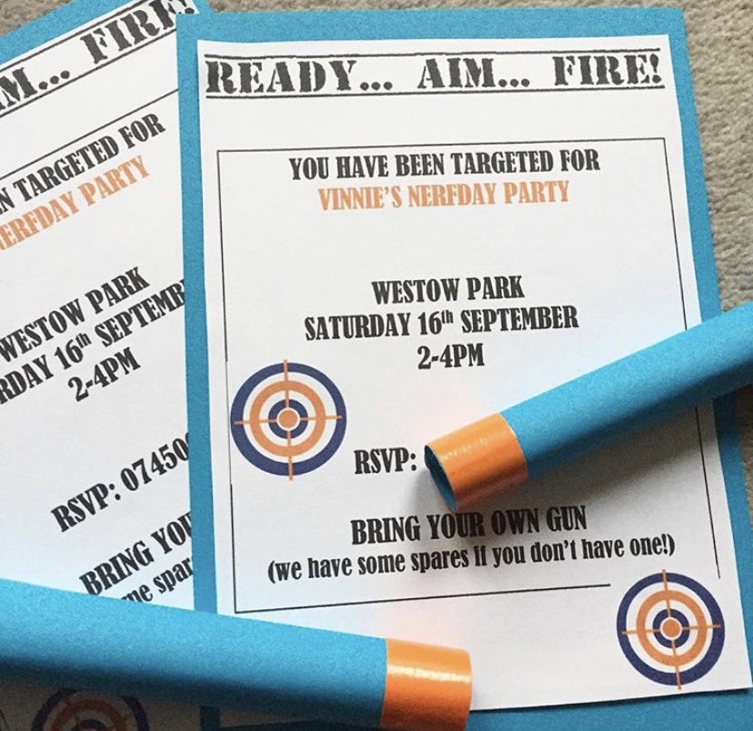 The NerfDay Party. The invites were rolled up to look like giant Nerf darts