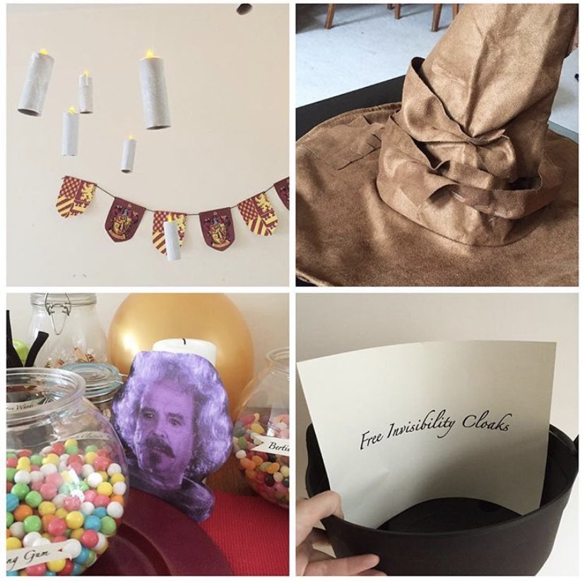 The kids picked their wands (twigs with hot glue and marbles), then they put the Sorting Hat on and picked their houses. They had clip on ties for their houses but everyone wanted to be Gryffindor so it fell a bit flat. The dining table was set up with floating flickering candles