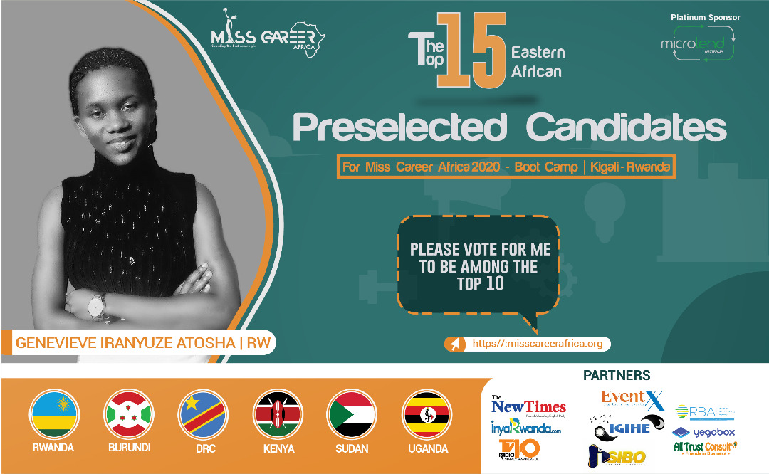 Vote for Ms. IRANYUZE GENEVIEVE Atosha  #SaveEnvironmentBusiness for #environmentsafety promotion with an intention  iof recycling plastics materials into finished products; bungles, bracelets, earrings, necklaces and jewelry products. 
#Vote4Her 
#MissCareerAfrica2020