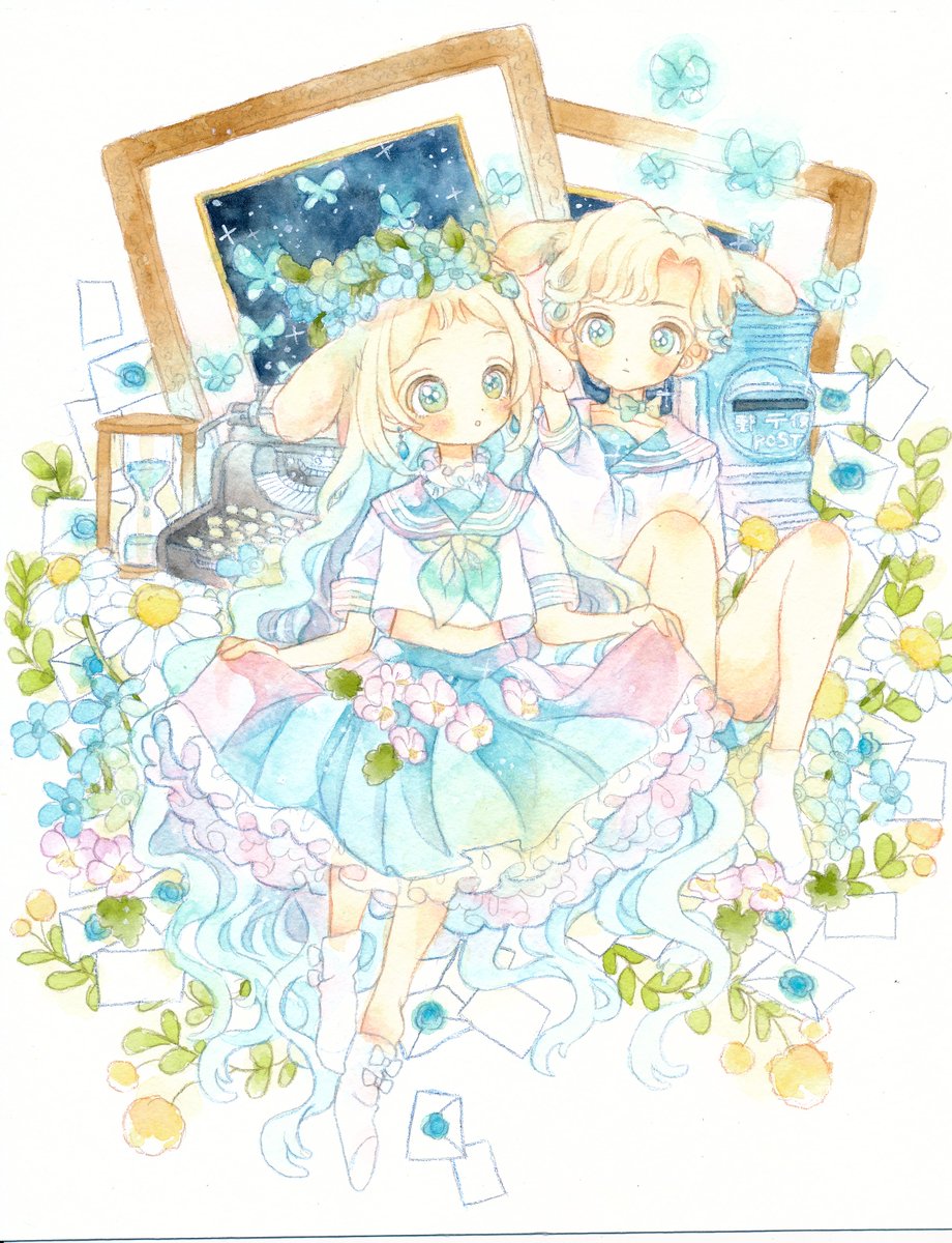 flower skirt long hair animal ears multiple girls 2girls blue flower  illustration images