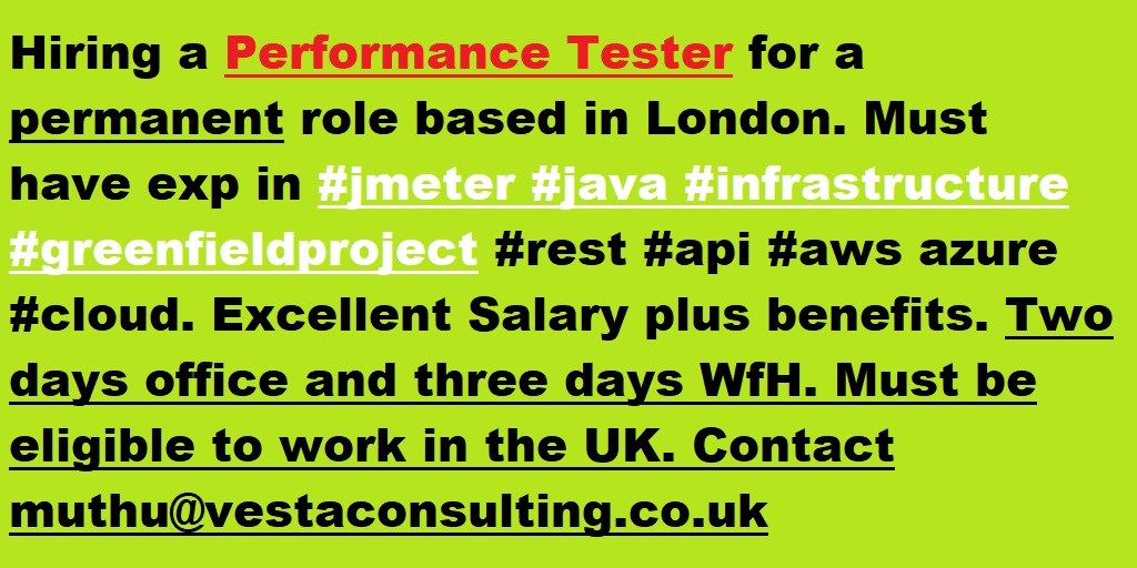 Muthuvelur's tweet image. #hiring a #performancetester for a client based in London. Exp in #jmeter #java #infrastructure #greenfieldprojects This is a Perm role with Excellent salary + benefits. 2 days office and 3 days WfH. Must be available to start immediate. Contact muthu@vestaconsulting.co.uk