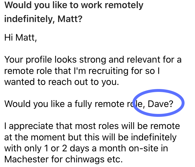 Latest recruitment email. LinkedIn token replacement working well😁 #recruitment #tryharder
