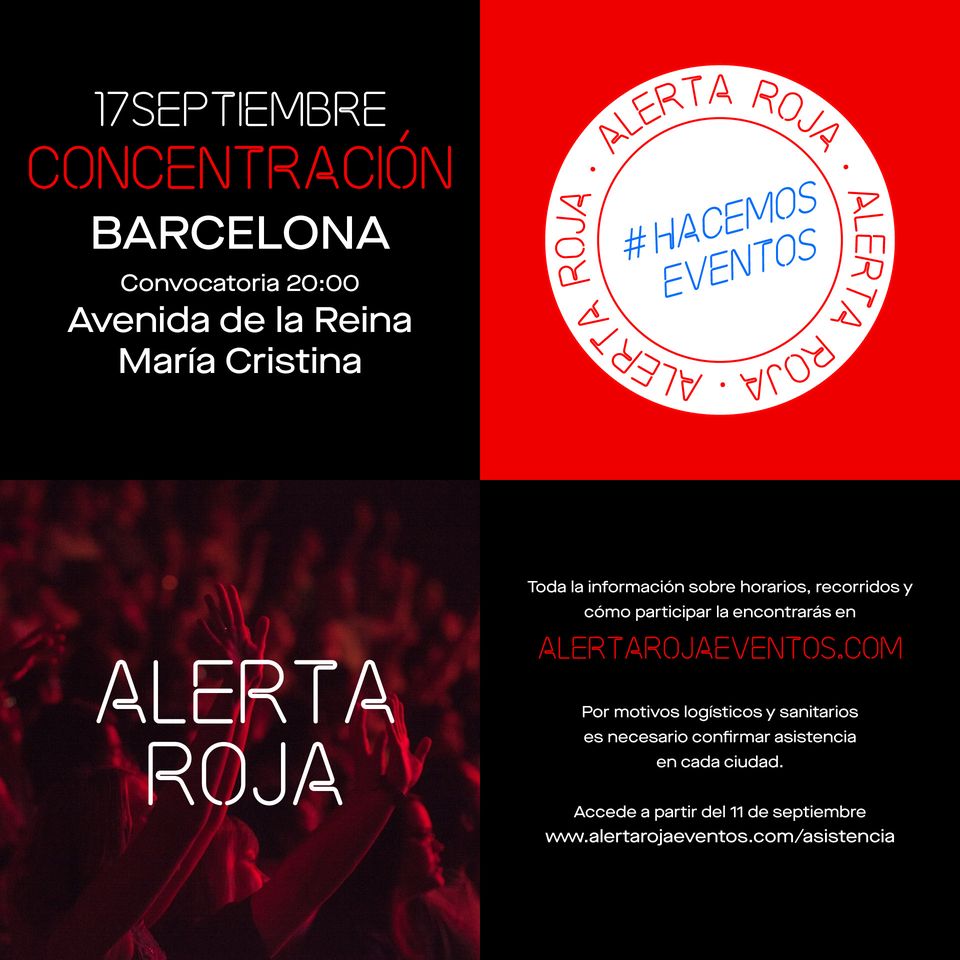 🛑B A R C E L O N A🛑

Convocatoria #AlertaRoja demà a les 20h a l'avinguda de la Reina María Cristina!
<a href="/AlertaRojaES/">Alerta Roja</a> #wemakeevents #HacemosEventos <a href="/somosmusicaorg/">#SomosMúsica</a> @Sala_Apolo <a href="/RazzmatazzClubs/">RazzmatazzClubs</a> <a href="/SIDECARbcn/">SIDECAR Factory Club</a> <a href="/Euskaletxeabcn/">Euskal Etxea BCN</a> <a href="/salavol/">VOL</a> <a href="/LuzdeGasClub/">Luz de Gas</a> @BARTSbcn <a href="/lanaubcn/">la Nau</a> <a href="/UploadBarcelona/">Upload Barcelona</a>