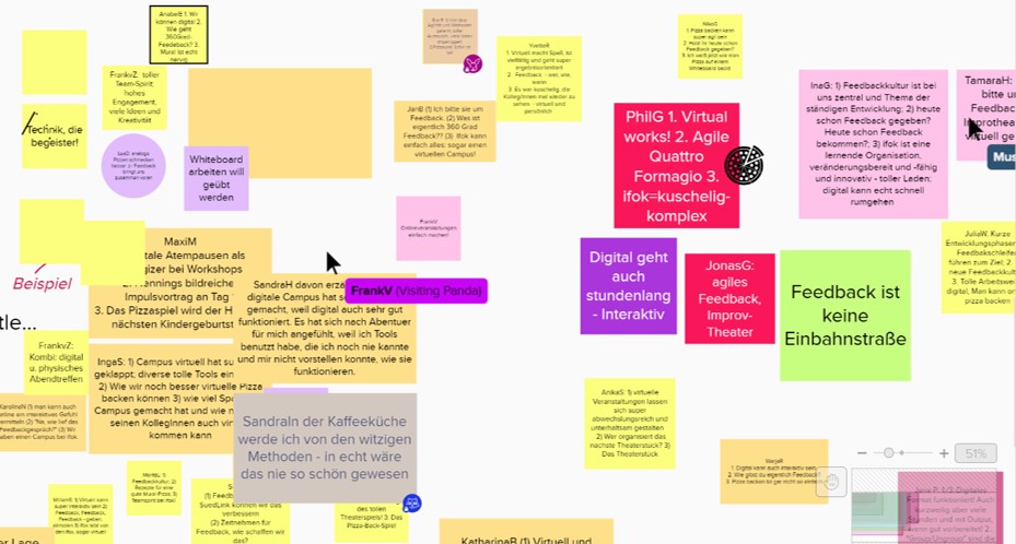 Was nehmen wir vom Campus 2020 mit? Virtuell geht super interaktiv, ergebnisorientiert und mit viel Spaß, Mural Pizza backen ist der Hit, Feebackkultur ist bei uns zentral, ifox machen ifok aus ...
Vielen Dank an alle für eure Inputs und eure engagierte Beteiligung!