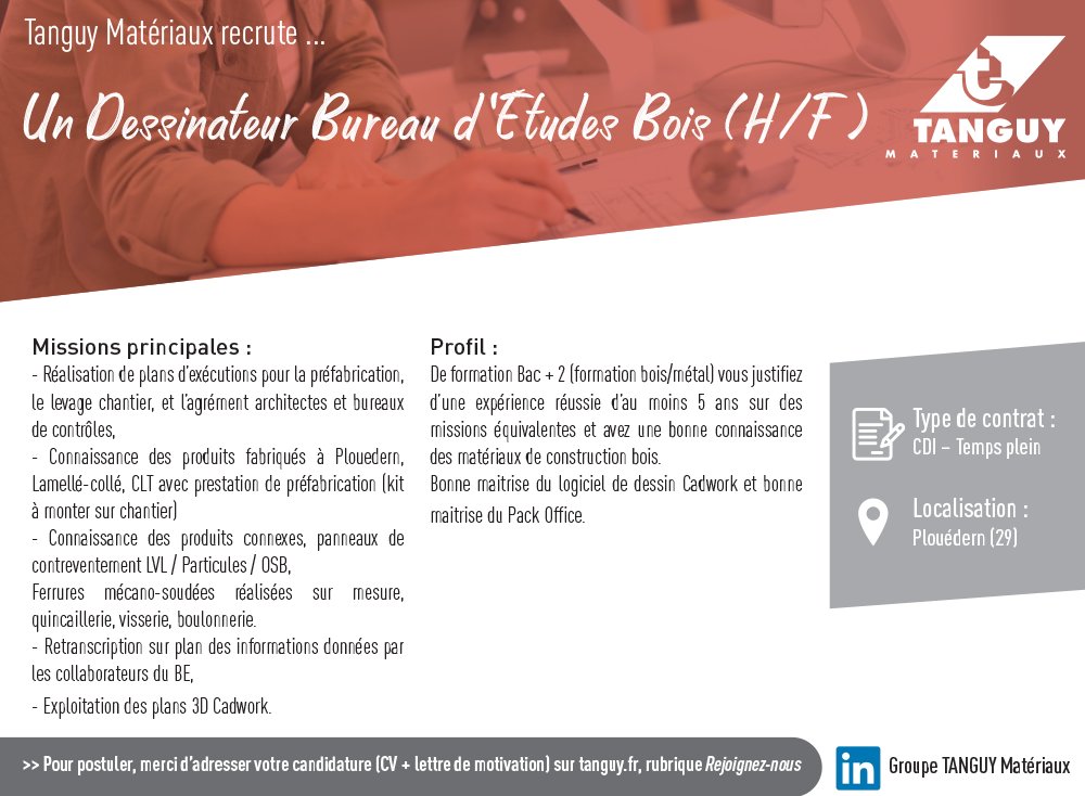groupetanguy's tweet photo. [Recrutement]
La société Tanguy Matériaux recrute un Dessinateur Bureau d’Études Bois (H/F) pour sa nouvelle usine de production bois à Plouédern (29).
Pour postuler, c'est par ici : https://t.co/jnubGSYqAQ
#Job #Emploi #Recrutement https://t.co/5fhVlK3OvE