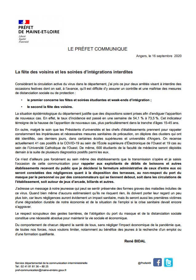 #COVIDー19 #zonerouge #Maine_et_Loire 
Soirées étudiantes et fête des voisins interdites. Multiplication des cas dans les universités-grandes écoles : en cause, les moments festifs de la vie étudiante 
#gestesbarrieres 
<a href="/UnivAngers/">Université d'Angers</a> <a href="/chu_angers/">CHU Angers</a> <a href="/SDIS_49/">Sapeurs-pompiers de Maine-et-Loire - SDIS 49</a> <a href="/Angers/">Ville d'Angers</a> <a href="/Maine_et_Loire/">Département Maine-et-Loire</a>