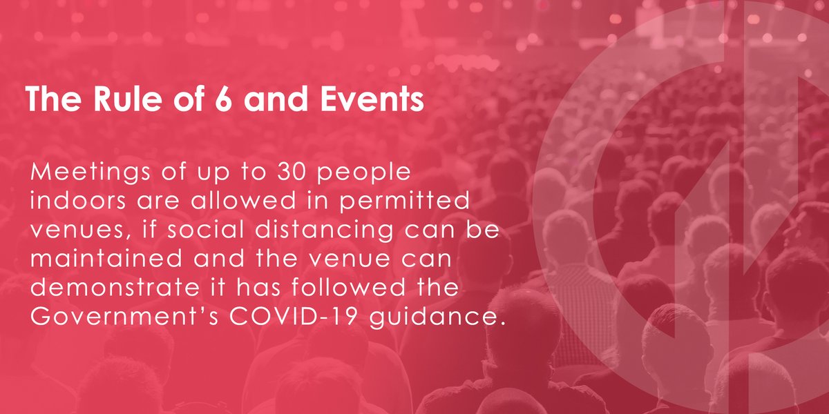 With much confusion around what the new rule of 6 means for events, we want to clarify that meetings of up to 30 people indoors are allowed in permitted venues.

More information can be found here: gov.uk/guidance/worki…