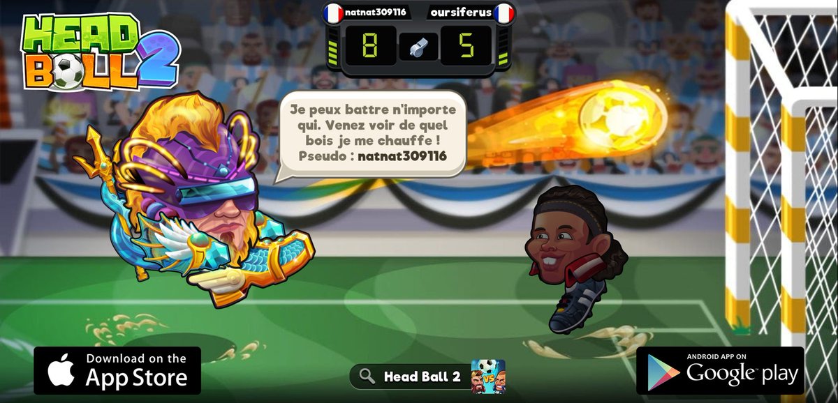 SNathmork's tweet photo. Je recherche un nouveau challenger à Head Ball 2. Mon pseudo est 'natnat309116', venez jouer avec moi ! Téléchargement via > https://t.co/Zm2YF4DGMp #headball2 @HB2Official https://t.co/lXGIHCljOe