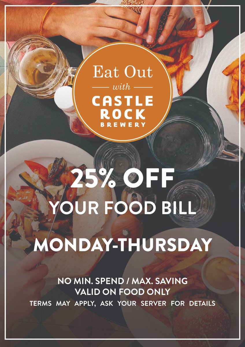 CRBrewery's tweet photo. Don't forget: you can still Eat Out to Help Out with Castle Rock! 🥳 Our food serving pubs all offer 25% off your food bill when you dine out with us Monday-Thursday. 🍕

Plus, a little update in light of the government's latest 'Rule of Six' restrictions: https://t.co/QqMNSgLNfh https://t.co/QP6nmOfWlK