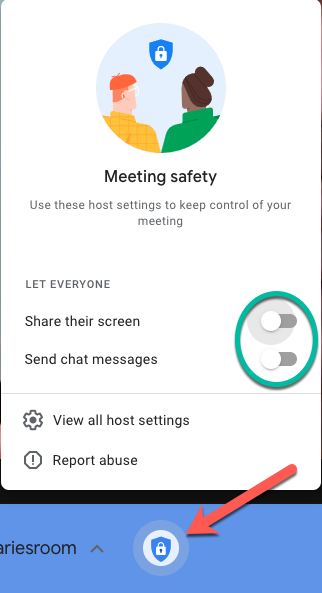 UPDATE: Now teachers can control whether students are allowed to share their screen and chat in #googlemeets !  Look for the shield icon in the bottom left by your Meet nickname to access the controls.  Then quickly toggle them on or off. <a href="/mpaullus/">Marie Paullus</a> #comalpl