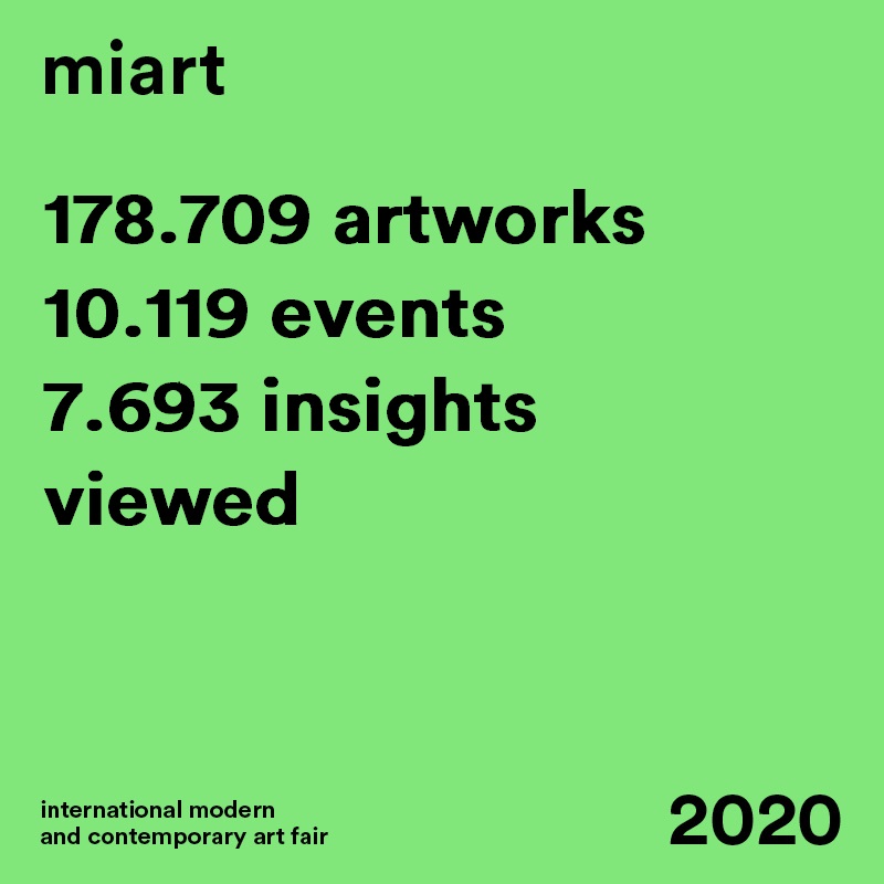 miartMilano's tweet photo. 2.447.421 times thank you!
#miartdigital successfully closes its first edition.
The 2.081 contents uploaded by the 133 exhibitors registered on the platform powered by @Artshell, got 2.447.421 overall interactions, including views on the works, clicks and chat. https://t.co/jVC7os8McE