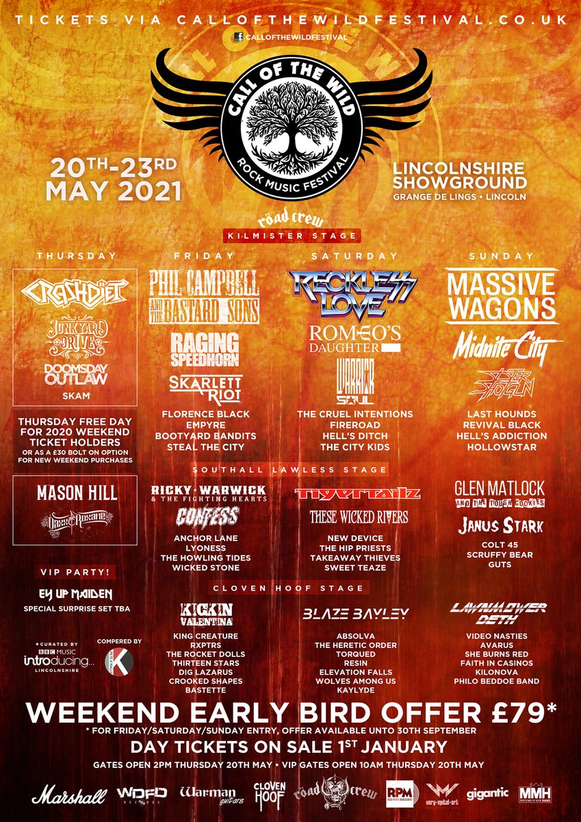 MMH - The Home Of Rock Radio (@mmh_radio) on Twitter photo <a href="/callofthewildf1/">Call of the Wild Festival</a> 20-23.05.2021 <a href="/LincsShowground/">Lincolnshire Showground</a>
mmhradio.co.uk/events/call-of…
<a href="/MassiveWagons/">Massive Wagons</a> <a href="/GlenMatlock/">Glen Matlock</a> <a href="/lawnmowerdeth/">Lawnmower Deth Pete</a> <a href="/midnitecityuk/">Midnite City</a> <a href="/SisterShotgunUK/">Sister Shotgun</a> <a href="/LastHounds/">Last Hounds</a> <a href="/RevivalBlack_/">Revival Black</a> <a href="/callofthewildf1/">Call of the Wild Festival</a> 20-23.05.2021 <a href="/LincsShowground/">Lincolnshire Showground</a>
mmhradio.co.uk/events/call-of…
<a href="/MassiveWagons/">Massive Wagons</a> <a href="/GlenMatlock/">Glen Matlock</a> <a href="/lawnmowerdeth/">Lawnmower Deth Pete</a> <a href="/midnitecityuk/">Midnite City</a> <a href="/SisterShotgunUK/">Sister Shotgun</a> <a href="/LastHounds/">Last Hounds</a> <a href="/RevivalBlack_/">Revival Black</a>