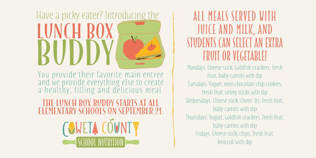 Coming to an elementary school near you - Lunch Box Buddy

Do you have a face-to-face learning elementary school student who is a picky eater and wants to bring their lunch from home? Let us help you! The Lunch Box Buddy is designed to supplement a lunch box at no-cost.