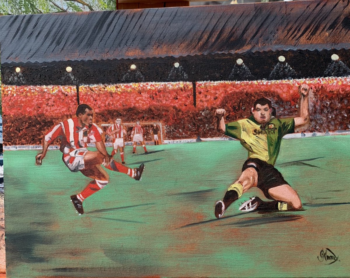 ‘Mark Stein goal’. Oil on Canvas.
30cm x40cm.
Just completed this painting trying to capture the movement &amp; a moment in time. Also showing the light reflective shadows created by the artificial light.
