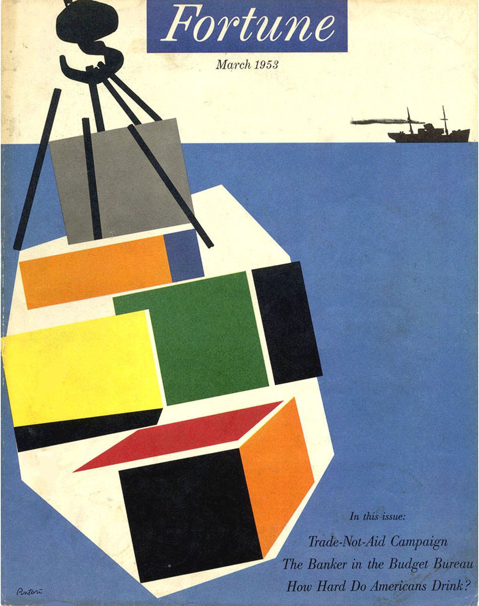 Vintage Fortune Magazine covers: Walter Allner (1953), Giovanni Pintori (1953), Jerome Snyder (banner) (1956), George Giusti (1954).  #wardsmorguefile