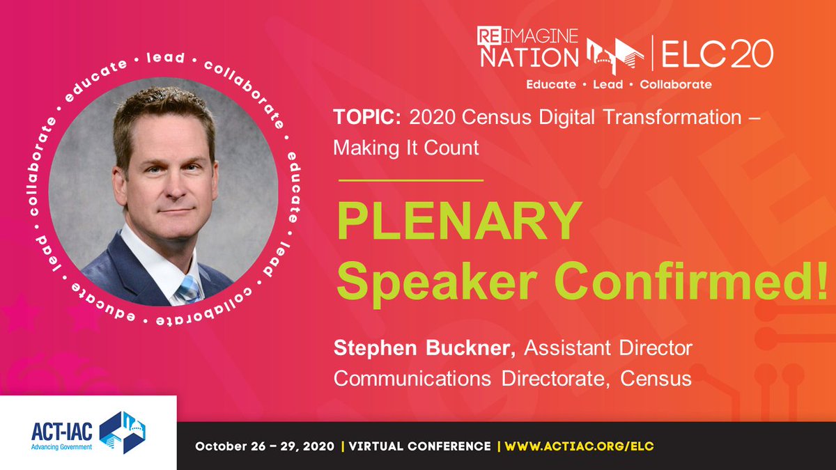 Assistant Director Communications Directorate <a href="/stephen_buckner/">Stephen Buckner</a> <a href="/uscensusbureau/">U.S. Census Bureau</a> is confirmed as an Imagine Nation ELC Plenary speaker! His session is titled: 2020 Census Digital Transformation – Making It Count #imaginenationELC #innovation bit.ly/2Fqf88h