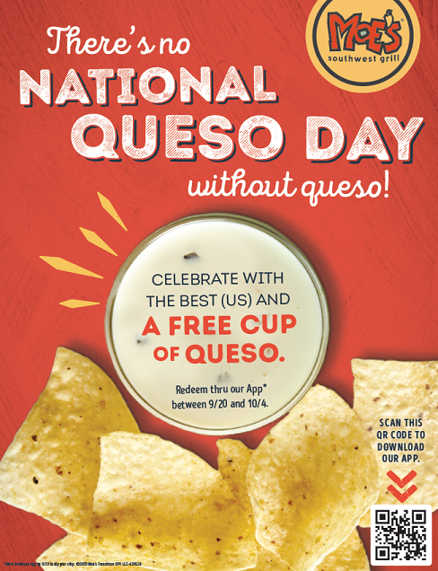 MoesJax's tweet photo. Mark Your Calendar!! National FREE Queso Day is Sunday 9/20!  Download the Moe's App to get your FREE cup of queso to celebrate!
Click to download: https://t.co/y0CNh1uL9L https://t.co/4Sqtj8xtoE