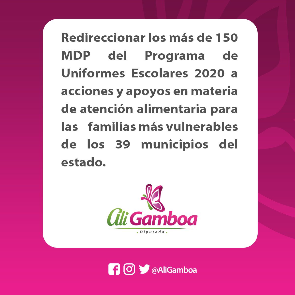 Hice un llamado a las autoridades estatales y municipales a trabajar para que los recursos destinados a la confección de uniformes escolares, se conviertan en apoyos alimentarios para las familias que más lo necesitan.
Solo unidos, vamos contrarrestar los efectos de la pandemia.
