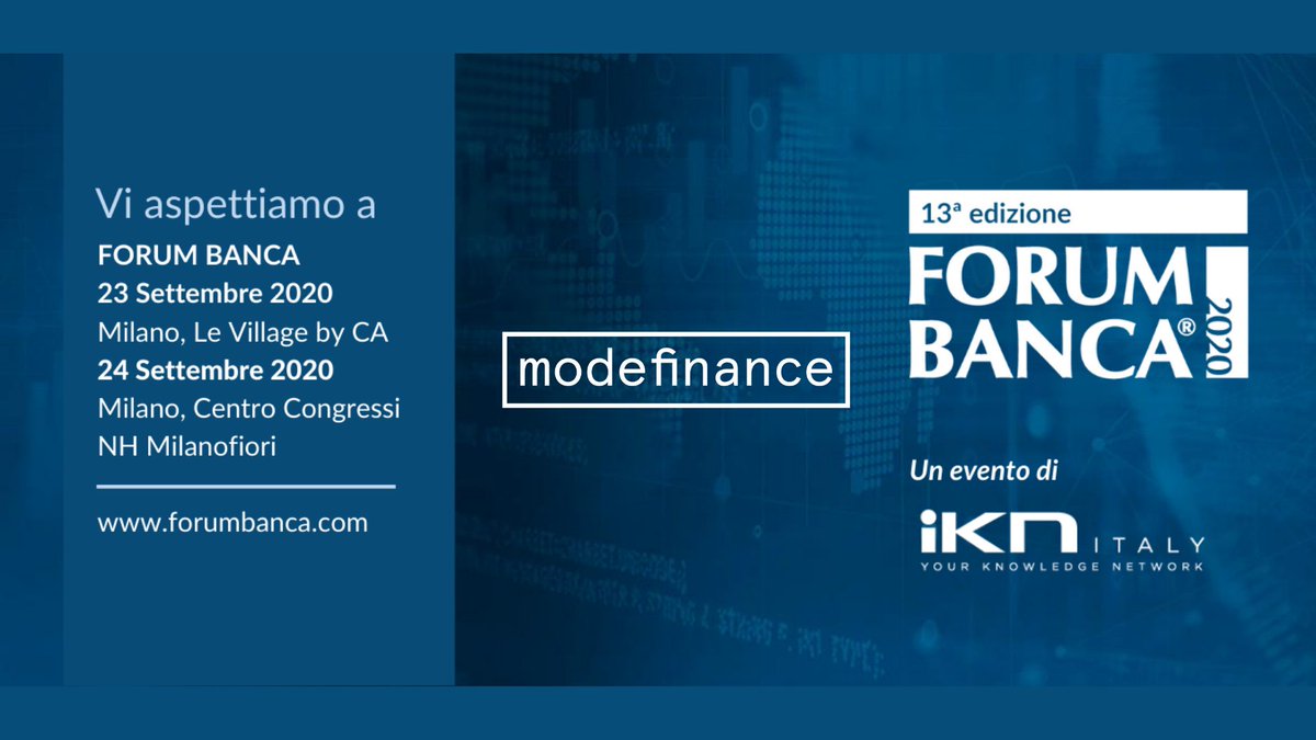 September 24th, <a href="/forumbanca/">ForumBanca</a> Banca 2020, Milan: can't miss if you are looking for #automation and digitization of processes in #banking: #Fintech between AI, Analytics and data forecasting.
Meet us there 👉forumbanca.com/agenda/#inizio…