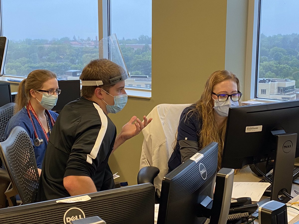 “Can’t recall the renal dosing of that one obscure antibiotic?! Yeah, me neither. Check out Jimmy and our  @uwsmph student reviewing meds with one of our fabulous ICU pharmacists  #WeLovePharmacists. All of our inter-disciplinary staff are so amazing and friendly!”