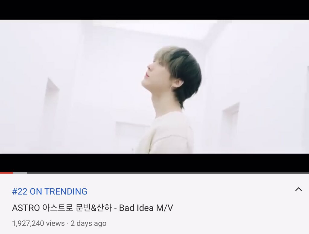 [#문빈_산하] [📈] 200917 12:15 AM KST ‘#BadIdea’ M/V Official Channel: 1,927,240 views(🔺10,600) 🔗youtu.be/K0oSaCS0_98 1theK: 274,800 views(🔻1,515) 🔗youtu.be/CeOGfPANy44 Naver TV: 66,983 views(🔺63) 🔗tv.naver.com/v/15760039 #IN_OUT #배드아이디어 #아스트로 #ASTRO