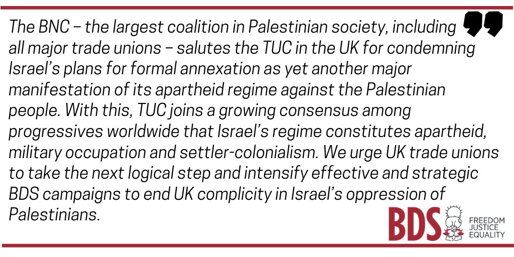 Great news! UK’s @THE_TUC, representing over 5.5 million working people from 48 unions, just passed a motion opposing Israel’s annexation and apartheid, and calling for sanctions. #TradeUnionSolidarity #SanctionsOnApartheid
@PSCUpdates press release: https://t.co/3YNUBEOsEY https://t.co/uaMI058Cwf