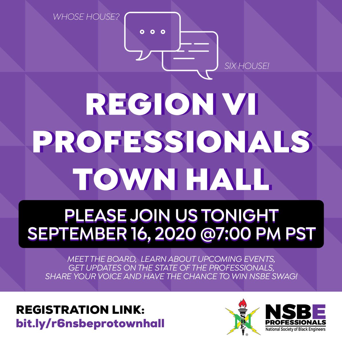 Please join the NSBE Region VI Professionals TONIGHT for our first Town Hall of this NSBE year! Register now at bit.ly/r6nsbeprotownh… #r6nsbe #nsbe #sixhouse #townhall #nsbeprofessionals