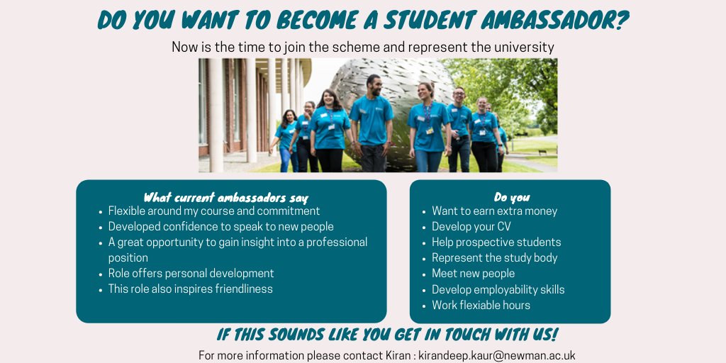 Do you want to become a student ambassador?

Now is the time to join the scheme &amp; represent the university. 😊

Earn more money, develop your CV, enhance your skills &amp; more! For more info visit ow.ly/SAmz50Bsczp &amp; to apply email Kiran at: kirandeep.kaur@newman.ac.uk