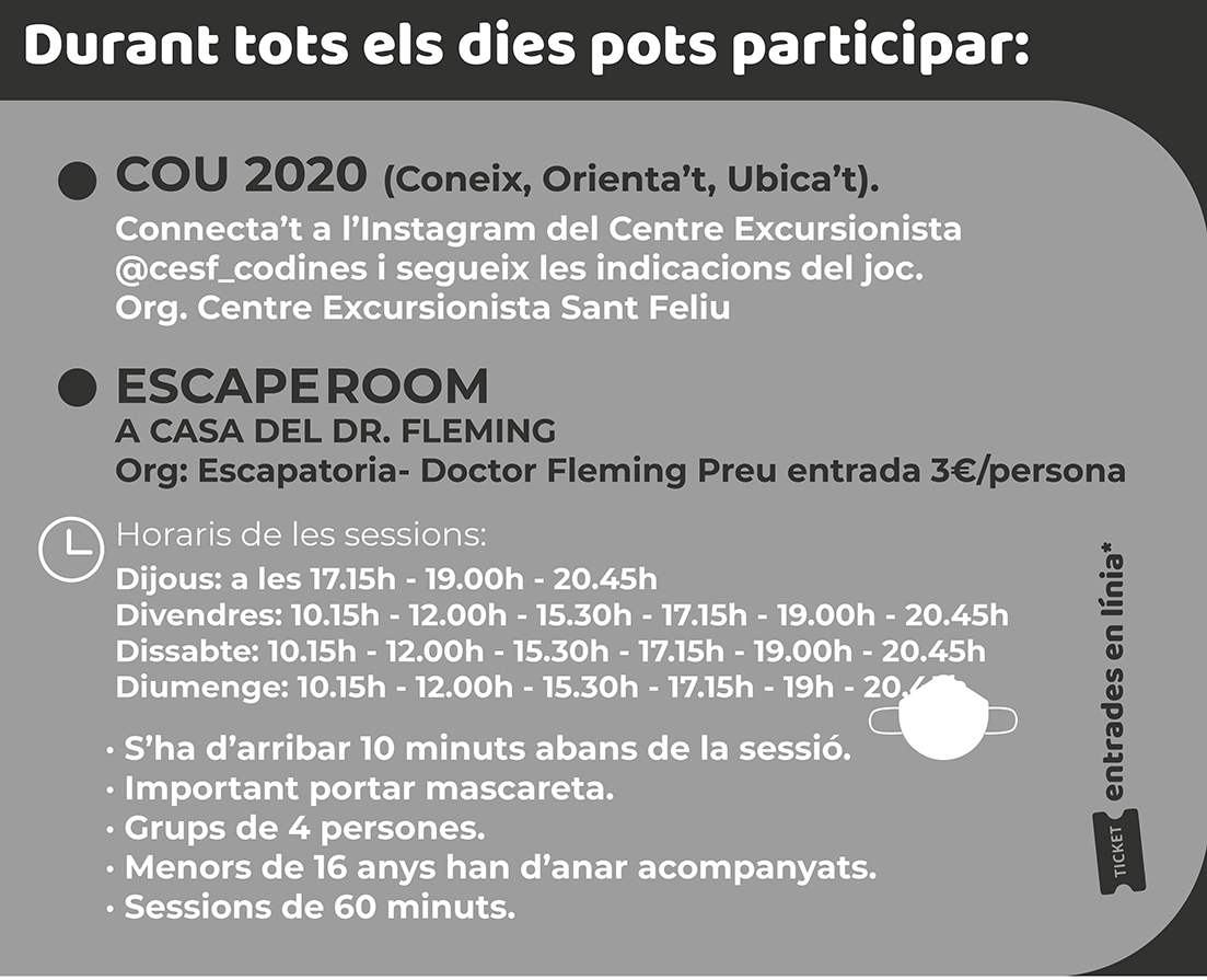 AjSFCodines's tweet photo. Què FeM? FeM la festa que podem 😉
Durant tots els dies podràs participar a la COU 2020 o a l'Escaperoom del Dr. Fleming
#FeMsfc20 #santfeliudecodines #sfc182 https://t.co/TVfuvmpMOX