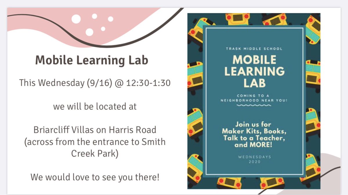 The #Traskmiddle Mobile Learning Lab is heading to the Briarcliff Villas neighborhood today from 12:30-1:30! Hope to see you there!! <a href="/traskbears/">Trask Middle School</a> #nhcschat