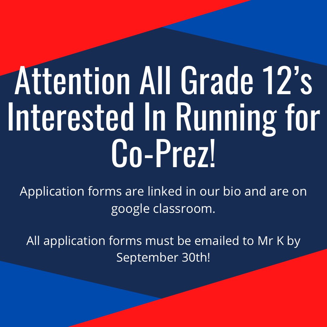 Hey Cavs!! Anyone interested in running for Co-Prez 2020-2021 can find the application form in our bio as well as on google classroom! A reminder that only grade 12 students are eligible to run and application forms are due to Mr K via email @dkalberlah@hrce.ca by September 30th!