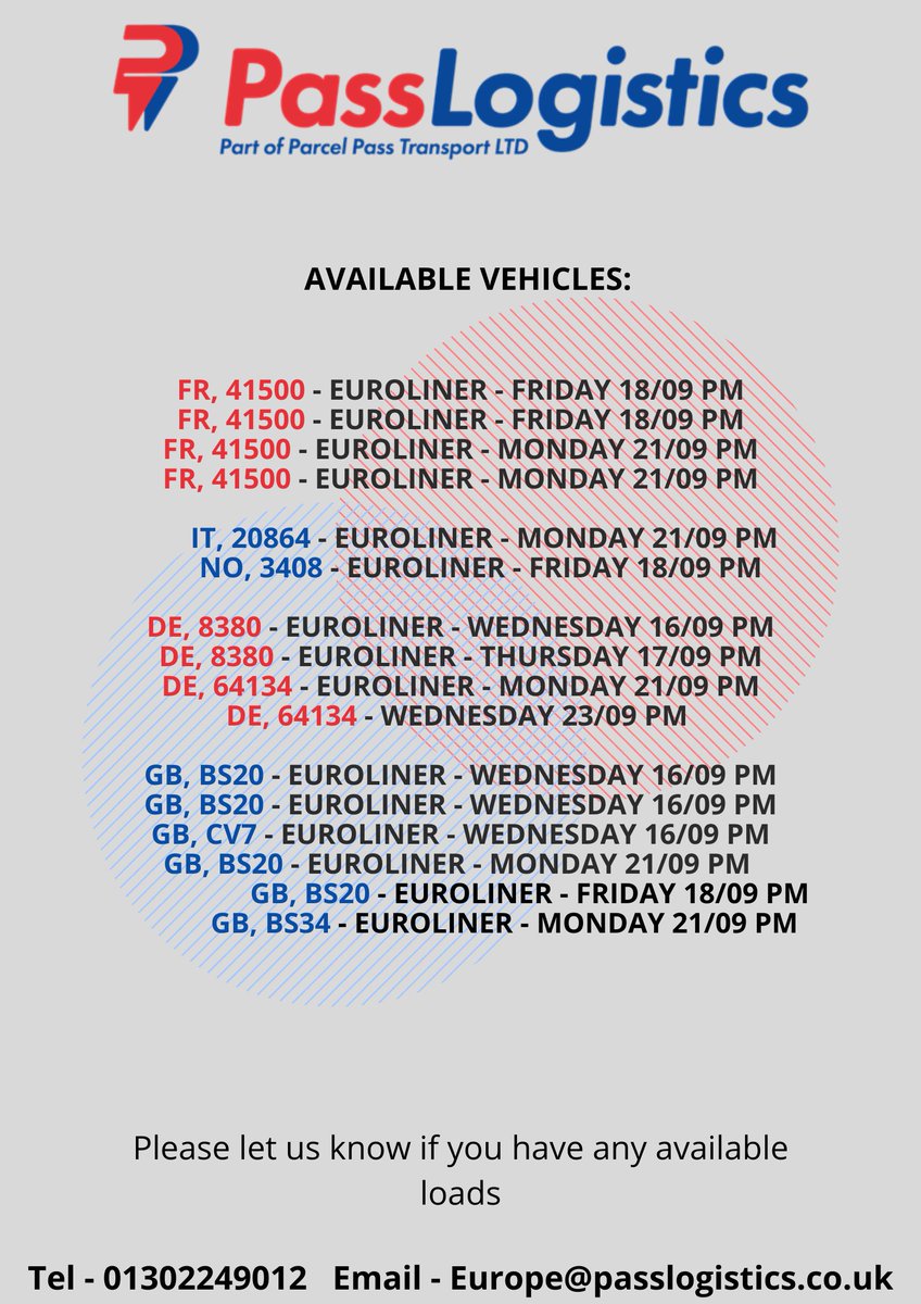Pass Logistics (@passlogistics) on Twitter photo Availability for trailers for this and next week. Let us know if you have any available loads :)
You can also email us on europe@passlogistics.co.uk or ring us on 01302249012 for more info or regarding any queries you may have.
#Logistics #transport #doncaster #Freight Availability for trailers for this and next week. Let us know if you have any available loads :)
You can also email us on europe@passlogistics.co.uk or ring us on 01302249012 for more info or regarding any queries you may have.
#Logistics #transport #doncaster #Freight