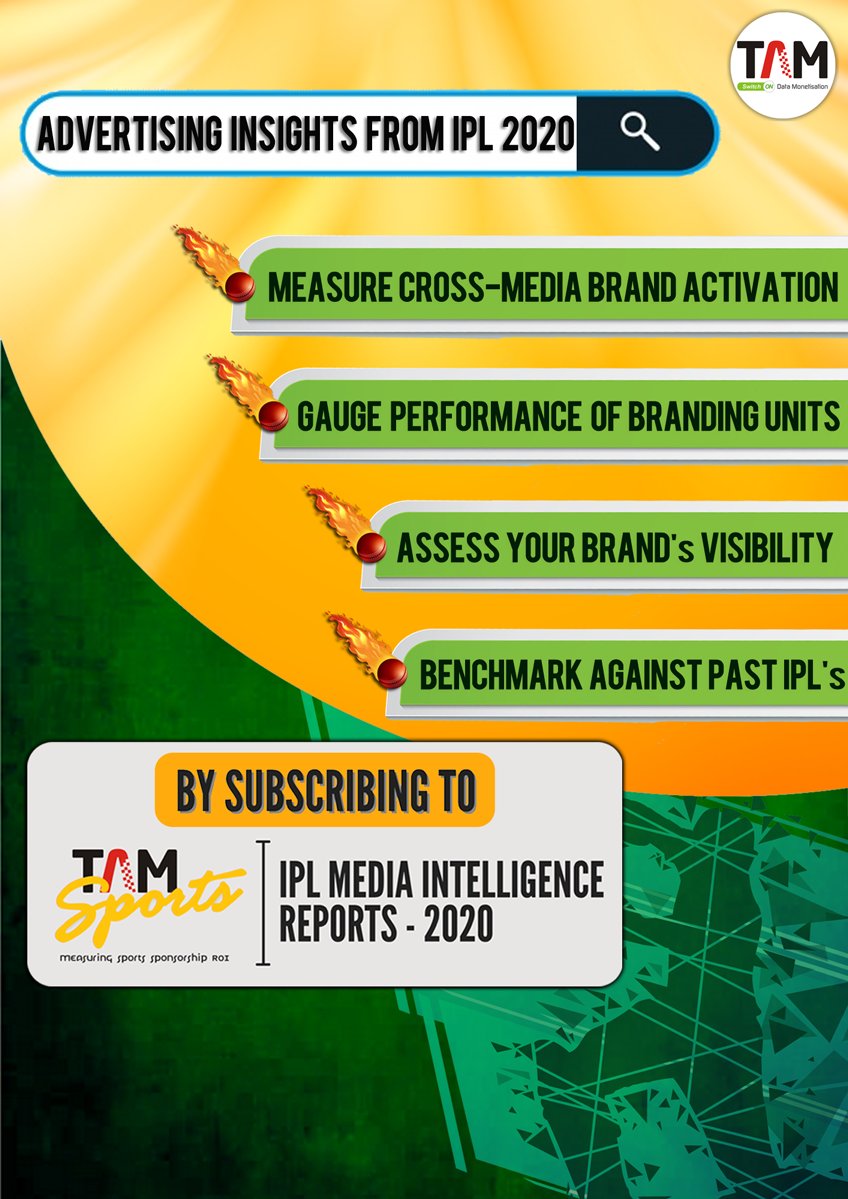 TAM_Media's tweet photo. TAM presents "IPL Media Intelligence Reports - 2020" powered by TAM Sports.
#AdEx #TV #Instadia #commercialads #onscreenads #OnGround #OnPlayer #Brands #BrandingUnits #IPLReport #Live #IPLMatches #IPL2020 #advertising #adbreaks #categories #tamsports #tamreports #tamindia https://t.co/coLD4Lc11M