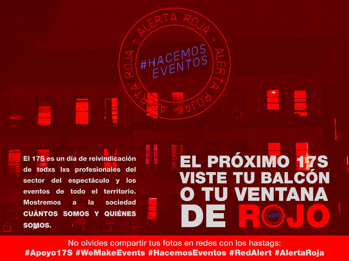 Por todas las salas que han cerrado, por todos los festivales que se han caído y, en general, por las familias que viven de este sector, mañana nos movilizamos a favor de la #CulturaSegura de la mano de <a href="/AlertaRojaES/">Alerta Roja</a>.

#HacemosEventos #AlertaRoja  🚨

bit.ly/34VHXnJ