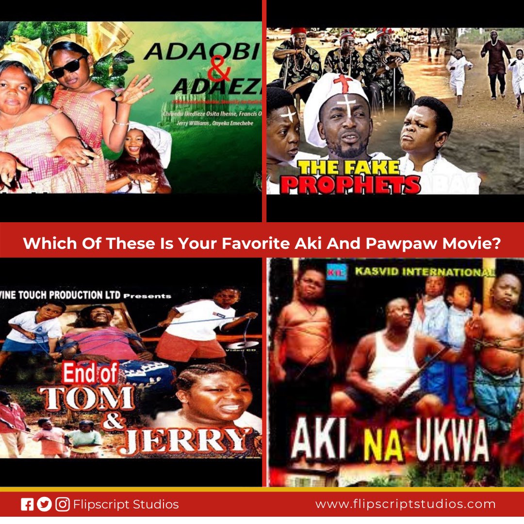 FlipscriptEnt's tweet photo. Which of these is your favorite Aki and Pawpaw movie?
#flipscriptstudios #movieproduction #nollywood #comedy #funnymovie #comedymovies #nollywoodmovies #oldmovies #weekend #movienight #akiandpawpaw #wednesdayvibes #wednesdaywisdom #MUFC #Ozone #WednesdayMotivation #CuppyDat https://t.co/pkGa2euvhb