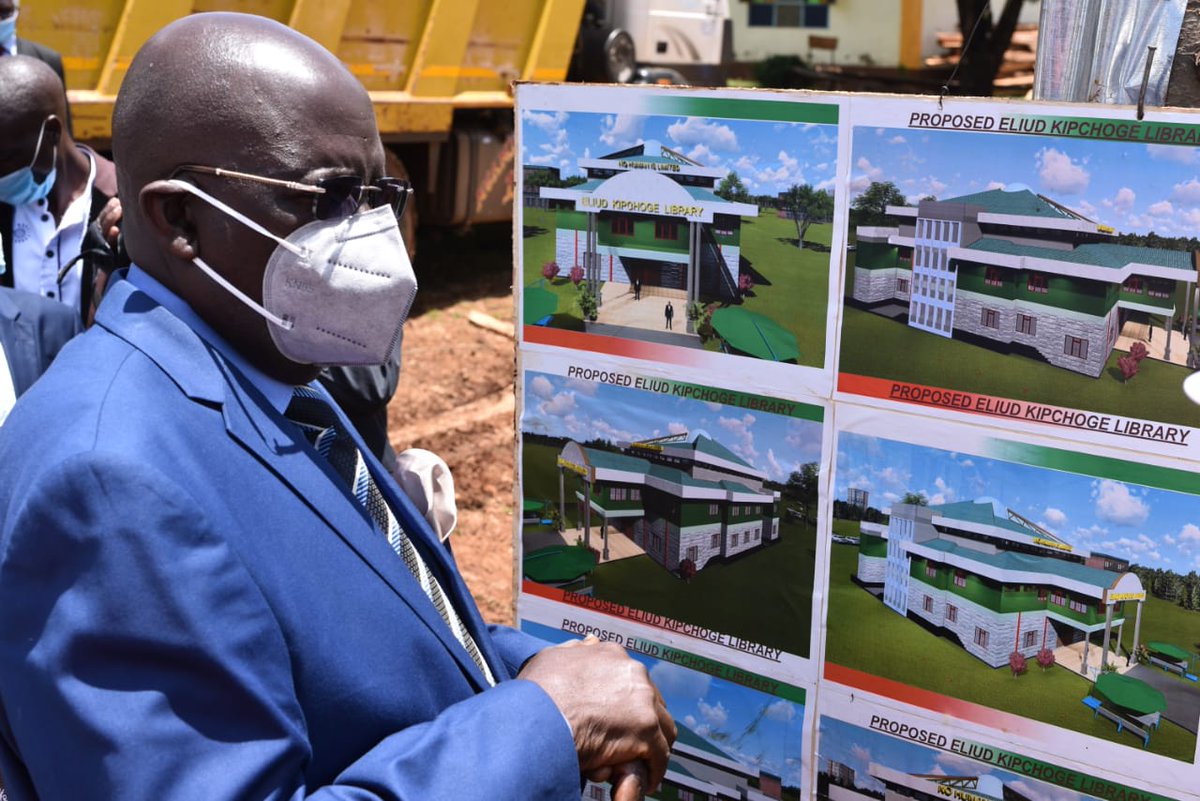 EduMinKenya's tweet photo. CS Education Prof George Magoha and PS for Basic Education, Dr. Belio Kipsang take part in the ground breaking ceremony of the 100million Eluid Kipchoge Library at Kapsisiywa Primary school. The library is in honor of the 1:59 Ineo Challenge Marathon legend, Eliud Kipchoge. @ https://t.co/lIu53qlKEi