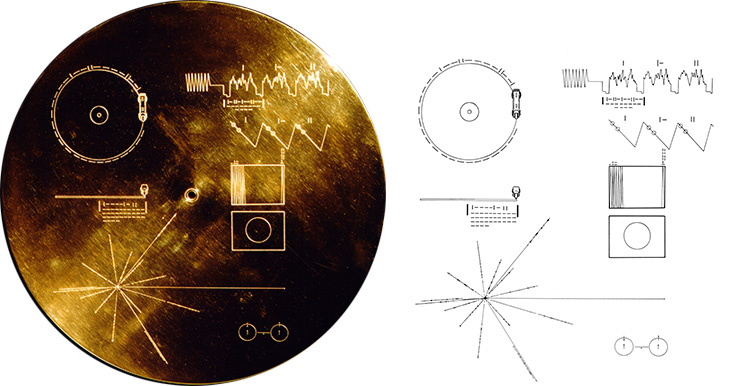 1/This is the Golden Record (image 1), sent aboard Voyager spacecraft (image 2). It is a kind of time capsule, intended to communicate a story of our world to extraterrestrials