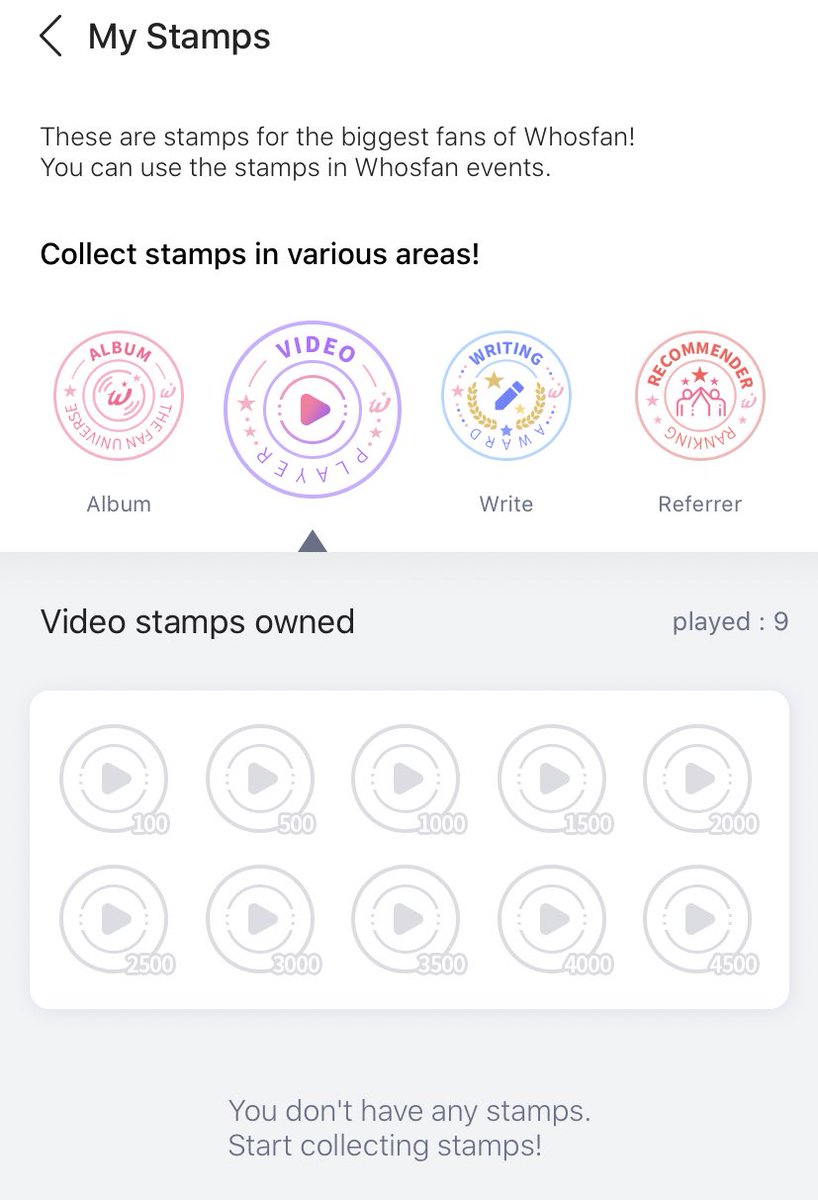 you gain 500 credits each time you gain a ‘stamp’, you gain stamps if people join with your code, if you watch a certain amount of videos, write a certain amount of posts or authenticate the albums you bought