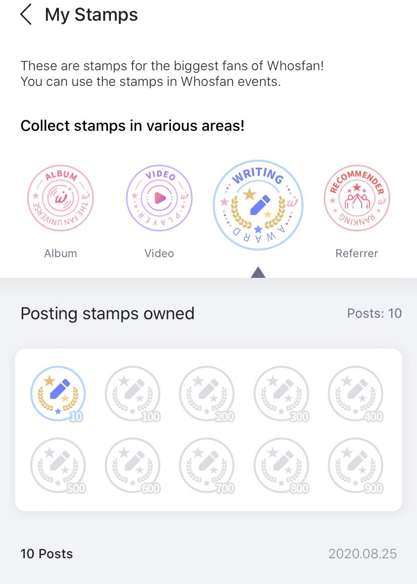 you gain 500 credits each time you gain a ‘stamp’, you gain stamps if people join with your code, if you watch a certain amount of videos, write a certain amount of posts or authenticate the albums you bought