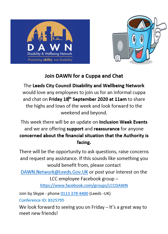 LCCDAWN's tweet photo. Join us for a cuppa &amp; a chat on Friday 18th September at 11am.👍

@LCC_Cleaning @LeedsCC_CEAQ @LCChealthyminds @LccFleet @LCC_BAME @LccLgbt @LCCRecoveryHubs @LCCDayOps @lcchealthwise @LeedsCC_People @LeedsCC_News 
 
#Chinwag #Catchup #Shareashoulder #TogetherStronger https://t.co/phgx88Wv56