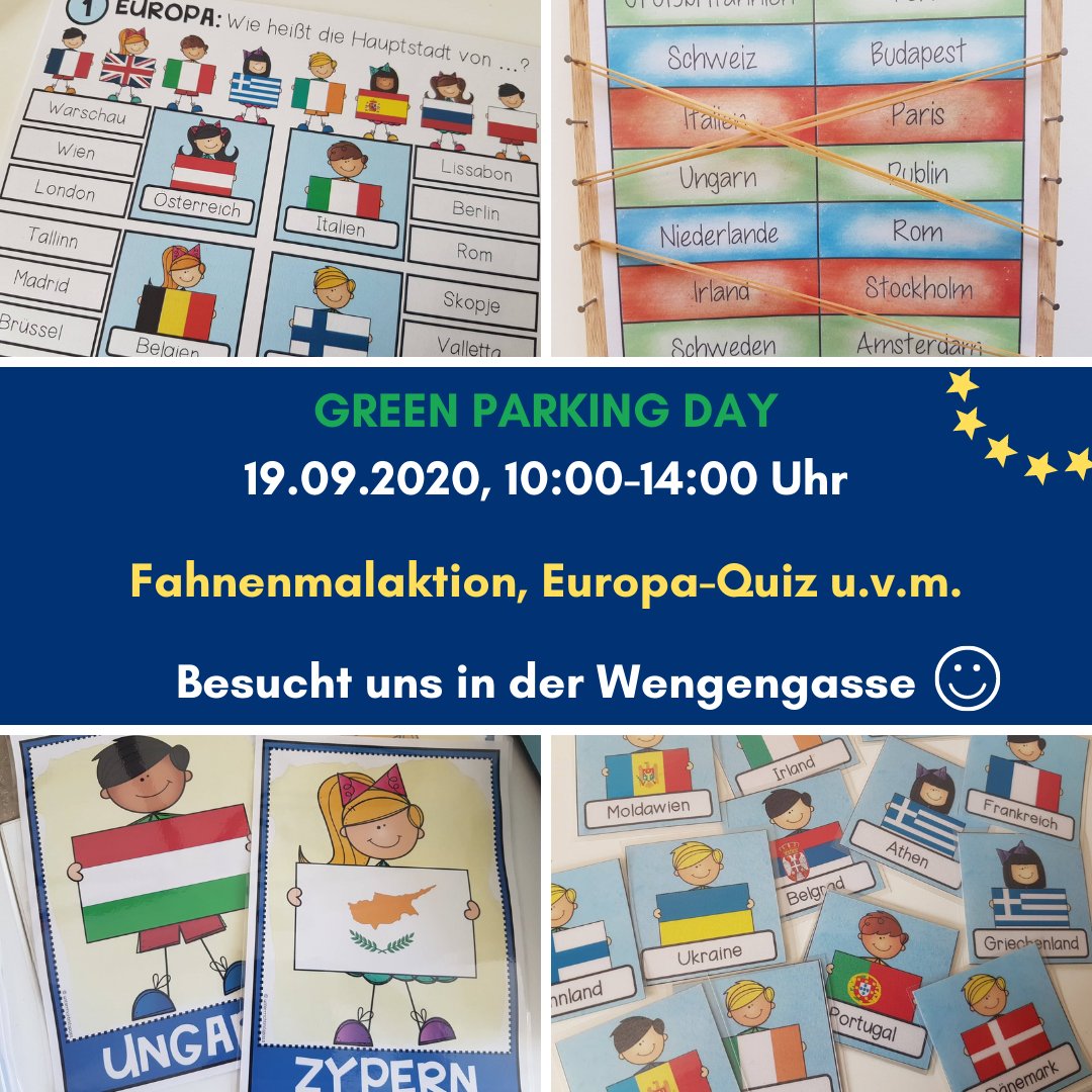 Am 19.09.2020 ist #GreenParkingDay in #Ulm. 
Gemeinsam mit dem <a href="/donaubuero/">Donaubüro</a>  und der JEF Ulm/Alb-Donau sind wir mit einem tollen Programm am Start: Fahnenmalaktion, interaktive Europa-Spiele, EU-Quiz u.v.m.
Schaut bei uns in der Wengengasse vorbei!😃