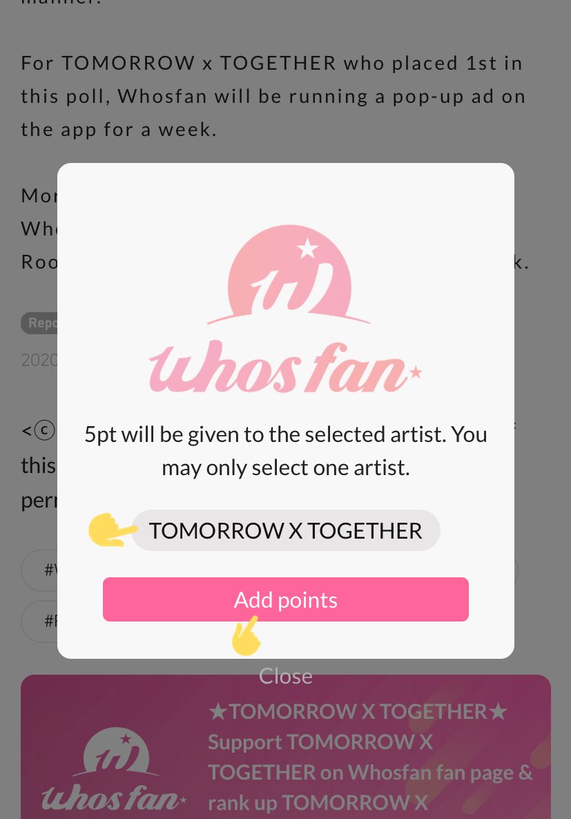now the best way to gain credits go to txt’s page and check the news, when you scroll down in an article there’s a button that says “add points (+5)” click on tomorrow x together and then add points