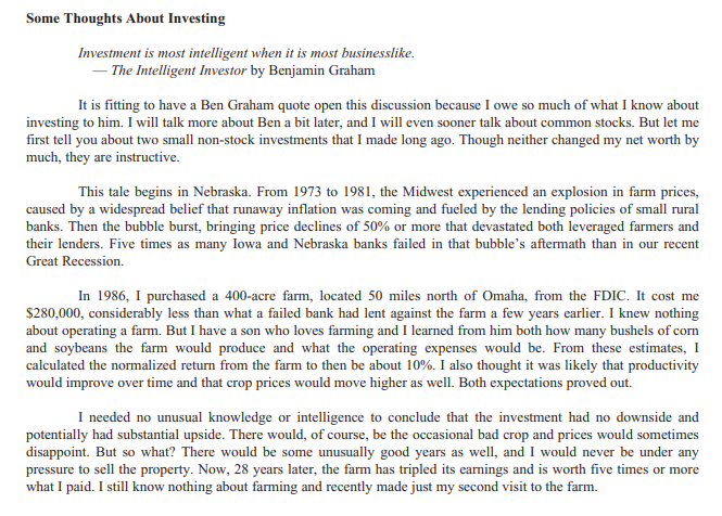 I like Buffett's attitude on ignorning the stock market's prices shouted at him, unless he wants to transactInstead, focus on the business and fundamentalsFrom 2013 letter to shareholders:He discusses buying a farm in 1986 at a good price. He looks at it as a business 1/