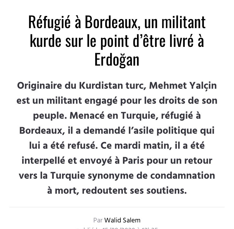 olbesancenot's tweet photo. Réfugié à Bordeaux, Mehmet Yalçin, militant kurde sur le point d’être livré à Erdoğan ! Non à son expulsion ! Droit d’asile ! https://t.co/72ybCusIPA