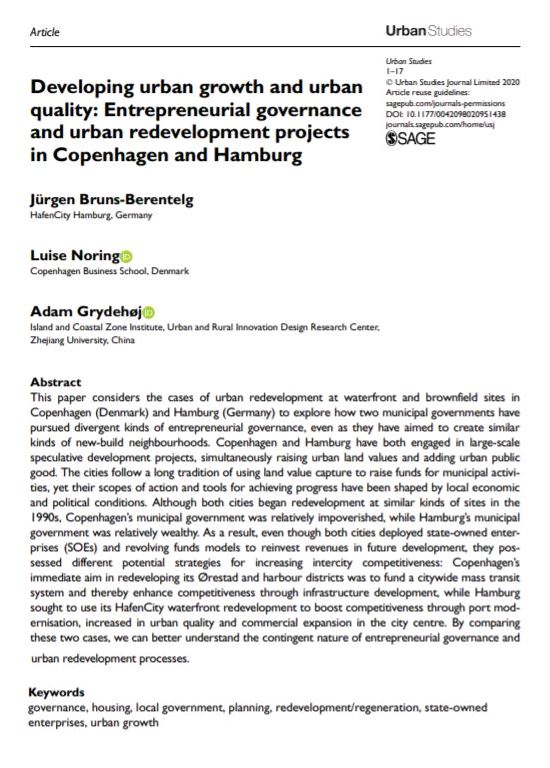 USJ_online's tweet photo. New paper by Bruns-Berentelg, @LuiseNoring and @IslandDynamics: 'Developing #urban growth and urban quality: #Entrepreneurial governance and urban #redevelopment projects in Copenhagen and Hamburg' https://t.co/m51dQPB27B https://t.co/cOLuJ9crhe