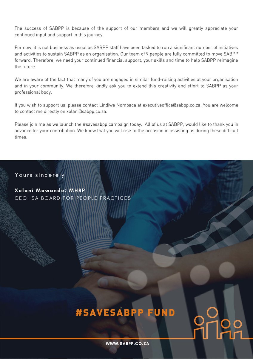 SABPP1's tweet photo. #SAVESABPP
The success of SABPP is because of the support of our members. We will greatly appreciate your continued support.
If you wish to support us, please contact Lindiwe Nombaca at executiveoffice@sabpp.co.za. You are welcome to contact me directly on xolani@sabpp.co.za. https://t.co/sAvQXIhXUQ
