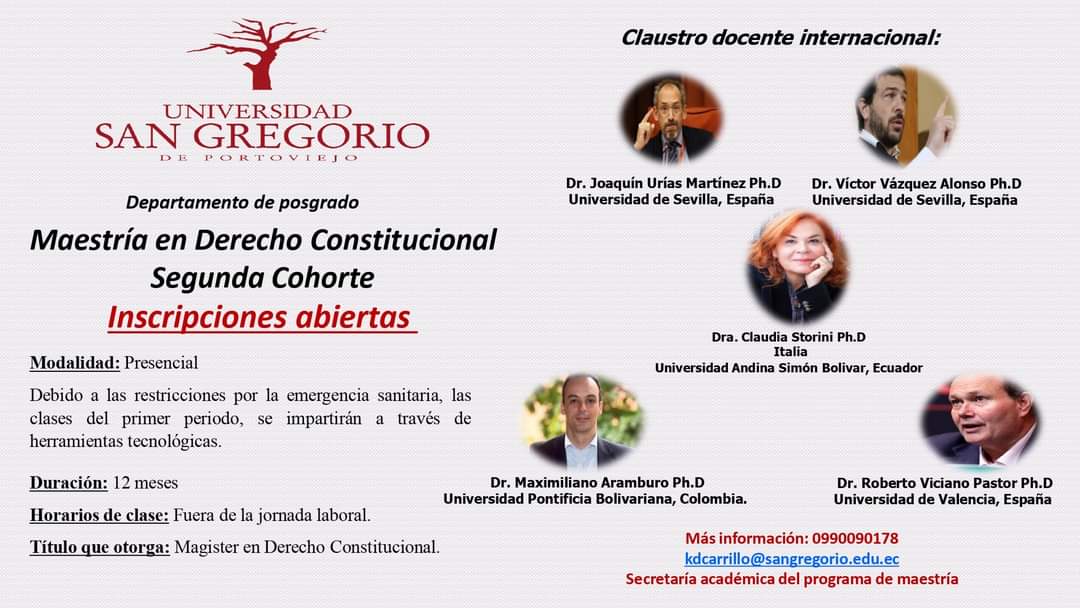 villacresesgaby's tweet photo. Se encuentran abiertas las inscripciones para la segunda cohorte de la Maestría en Derecho Constitucional de la Universidad San Gregorio de Portoviejo.

Inscríbete AQUÍ: https://t.co/xQbcqGJbfJ https://t.co/fuiMkonurm