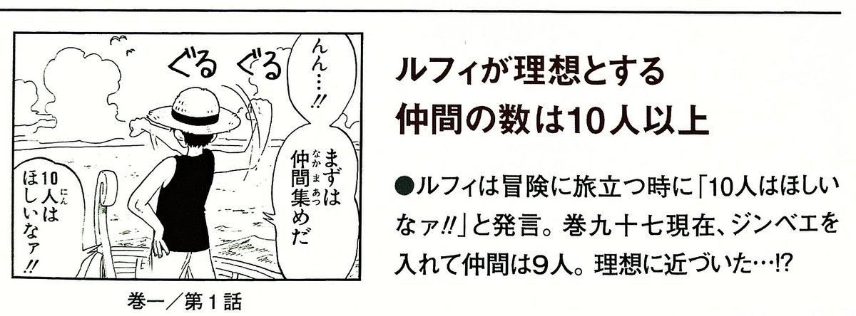 まな 麦わらの一味 の最終的な人数について 第一話の台詞がヒント と話した内藤編集と インタビューで 10人の仲間を集める と語った尾田先生 この事から一味に加入する残り枠は あと1人 ワノ国の新キャラクターか ビビの台詞が回収される